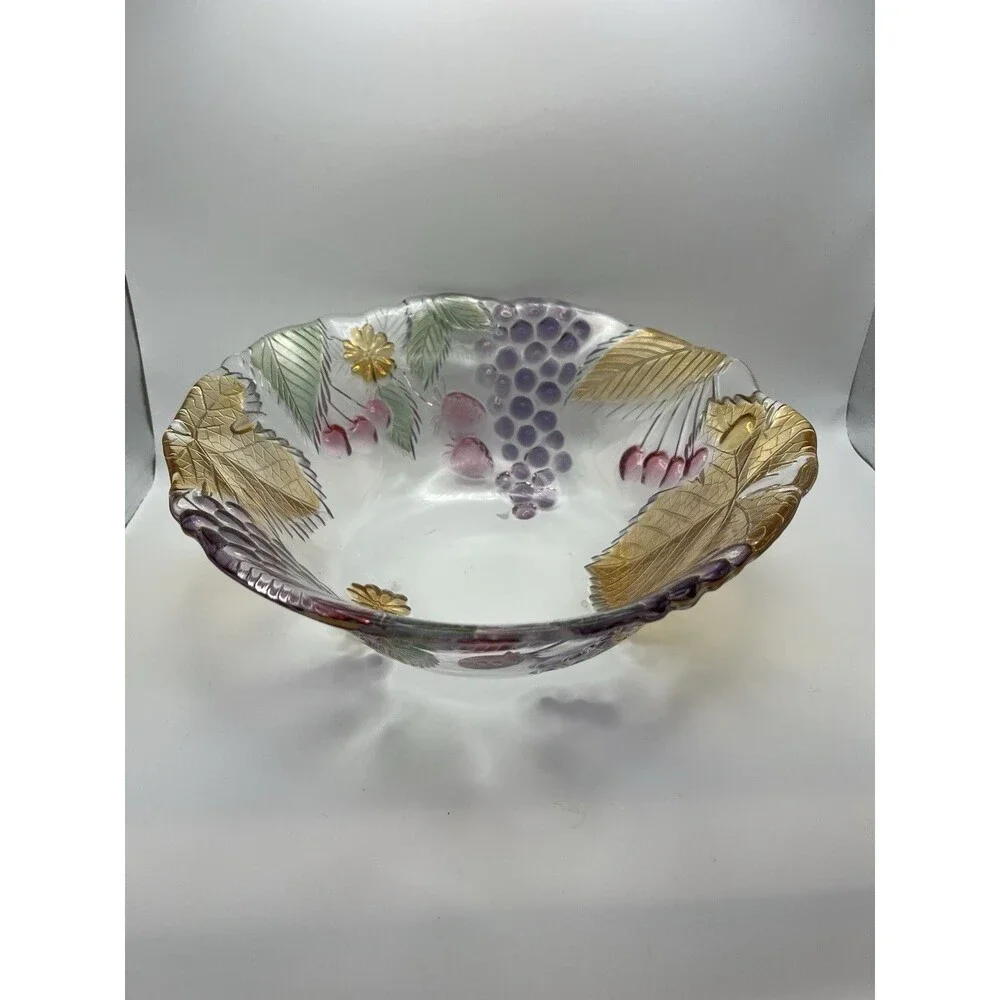 Vintage Mikasa Chablis Colorful Fruit Leaves Oval Blown‎ Glass Dessert Bowl